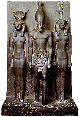 Hathor, Mykerinos and the goddess of the province of Diospolis.