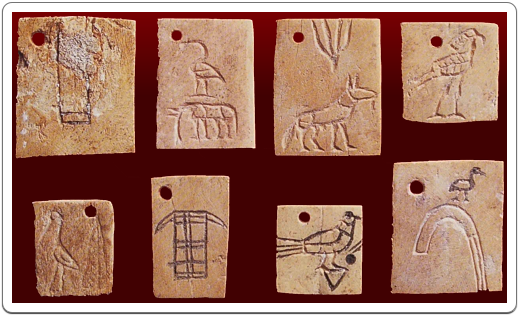 Several inscribed bone tags from tomb U-j at Umm el-Qa’ab, the oldest examples of writing known to mankind.